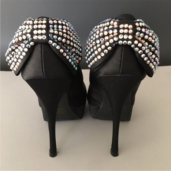 Bakers Heels Shoes Round Toe Platform Solid Black Studded Bow Satin-like 7.5M - Picture 4 of 9